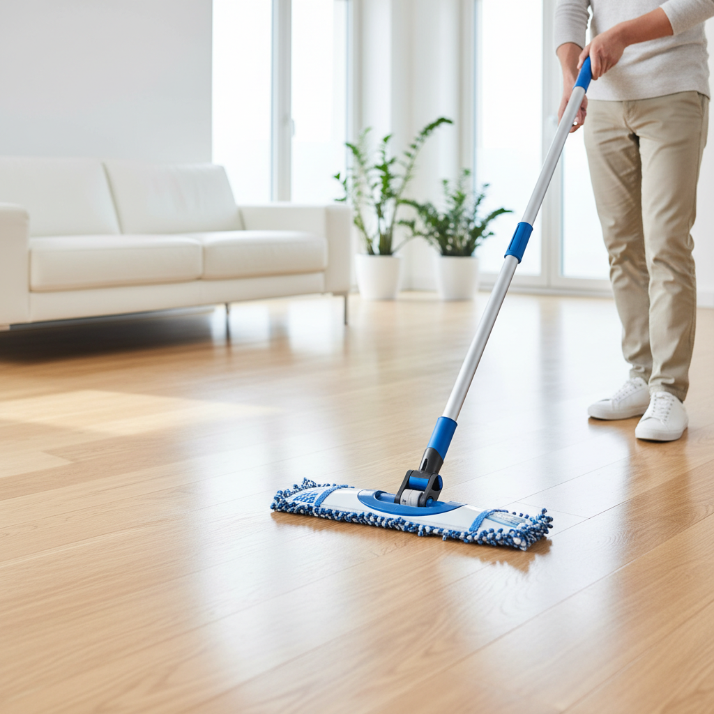 A professional photo capturing the Hara Bodenwischer 42 cm in dynamic use. The image should feature a clean, modern mop being pushed effortlessly across a pristine, reflective floor, such as polished light wood or a high-gloss tile, leaving a visually striking trail of cleanliness. The focus is on the wide 42 cm mop head, clearly indicating its broad cleaning coverage, and the ergonomic design of the handle, implying ease of use and comfort. The setting is a bright, minimalist home or office environment, emphasizing efficiency and a superior cleaning experience.