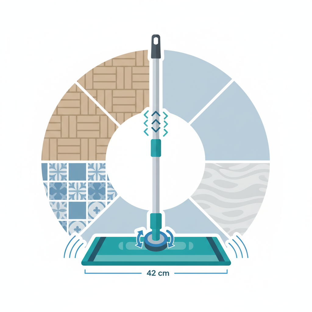 A vibrant, infographic-style flat illustration showcasing the Hara Bodenwischer 42 cm's key design elements and versatility. The illustration should depict the mop with visual indicators highlighting its 42 cm wide cleaning surface, its ergonomic, extendable handle, and its flexible, swivel head mechanism. Around the mop, abstract representations of different floor types like a parquet pattern, ceramic tiles, and a smooth linoleum texture should be subtly integrated, demonstrating its adaptability. The color palette is clean and modern, conveying efficiency and ease of maintenance.