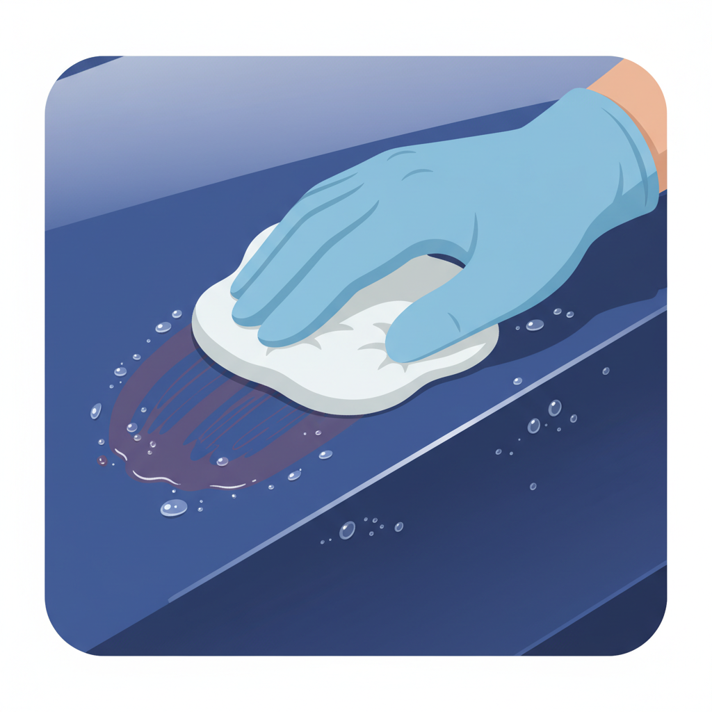 A flat illustration in a clean, modern style, depicting a section of a car's paint surface undergoing a gentle cleaning process. A gloved hand (unisex representation) holds a soft microfiber cloth or applicator pad, carefully wiping away a visible, stubborn stain (e.g., a dissolved bird dropping or softened insect residue). The background shows a subtle shine on the paint, with a hint of water droplets or cleaning solution. The focus is on the careful action and the effective removal, symbolizing the article's guidance.