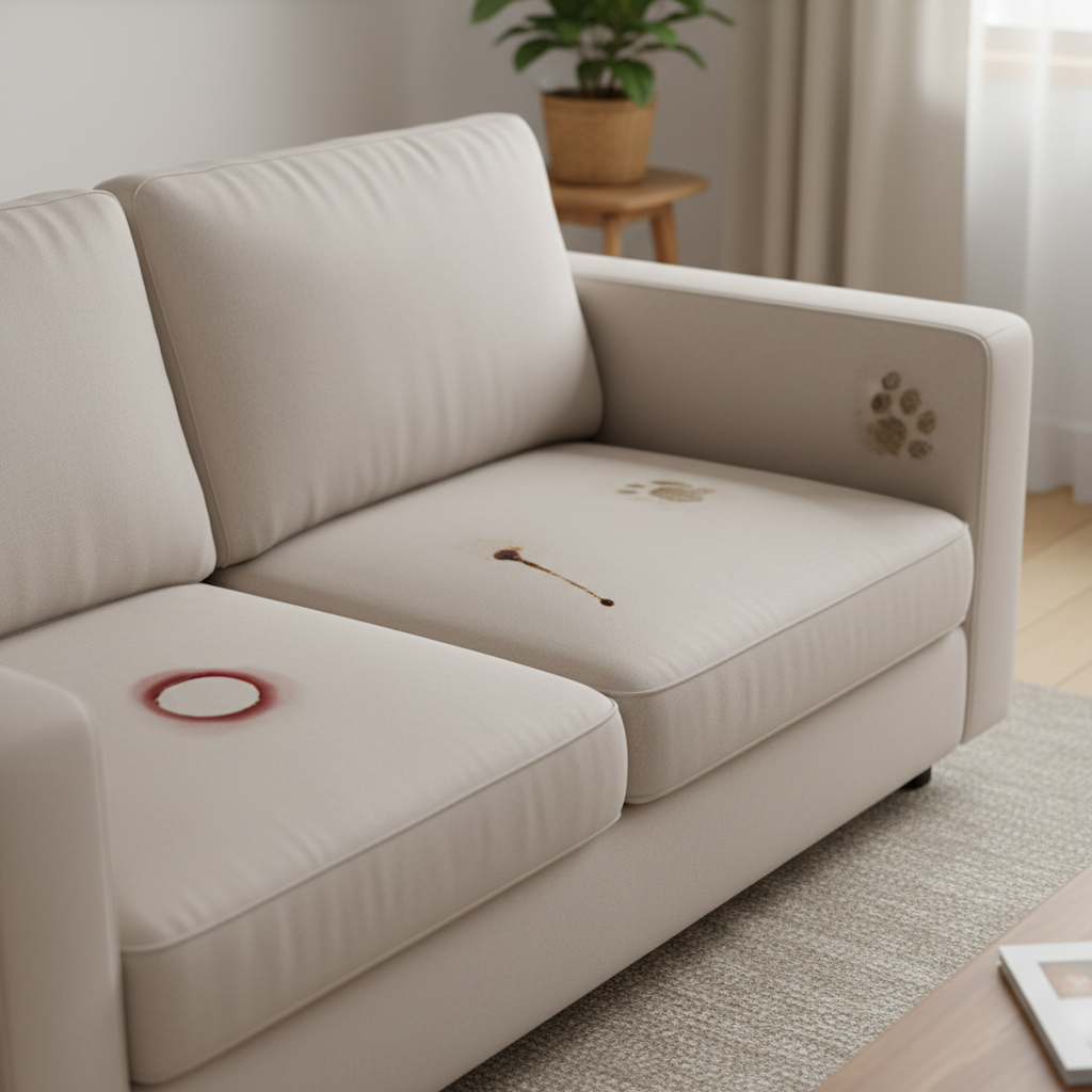 A visually appealing professional photo of a modern, light-colored sofa (e.g., beige or light grey) with multiple distinct but not overly prominent 'stubborn' stains. Depict a freshly spilled red wine ring, a small dried coffee drip, and a faint, muddy paw print from a pet on different sections of the upholstery. The overall impression should be slightly messy but not repulsive, conveying the common problem of a well-used sofa in a real-life setting. The focus is on the variety of common household stains on an otherwise inviting piece of furniture.