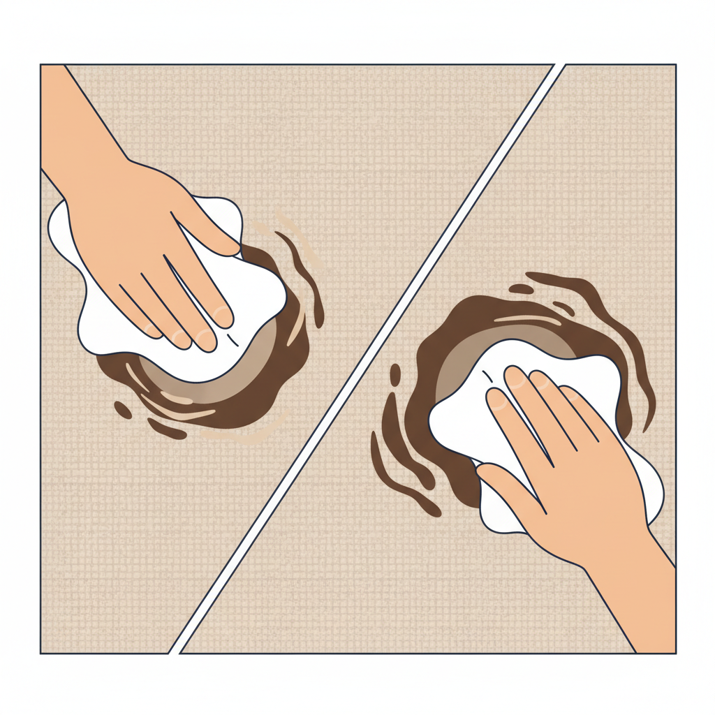 A clean, instructional flat illustration showing a close-up section of a sofa fabric with a fresh liquid stain, such as a dark brown coffee spill. The illustration should be visually divided into two contrasting parts. On one side, a hand with a clean white cloth is gently dabbing or blotting the stain, with visual cues indicating the liquid being absorbed and the stain lifting. On the other side, the same hand is shown aggressively rubbing the stain, visually depicting the stain spreading outwards and potentially embedding deeper into the fabric fibers. Emphasize the clear difference in technique and immediate outcome.