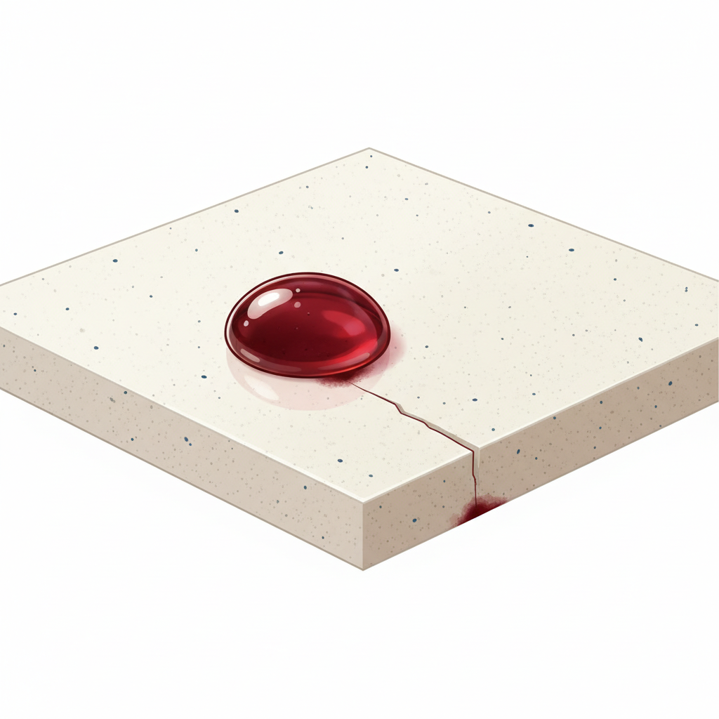 A detailed, professional infographic style illustration depicting a microscopic cross-section of a high-density porcelain stoneware tile. The tile material is shown as extremely compact and homogenous, with very few visible pores. A vibrant red wine droplet is depicted on the tile surface, with most of it beading up, illustrating the material's low porosity and resistance. However, a tiny, almost imperceptible portion of the liquid is shown beginning to seep into a minute, barely visible micro-fissure or a subtle variation in the surface, visually explaining how stubborn stains can still occur. The overall impression is one of robustness with a hint of vulnerability.