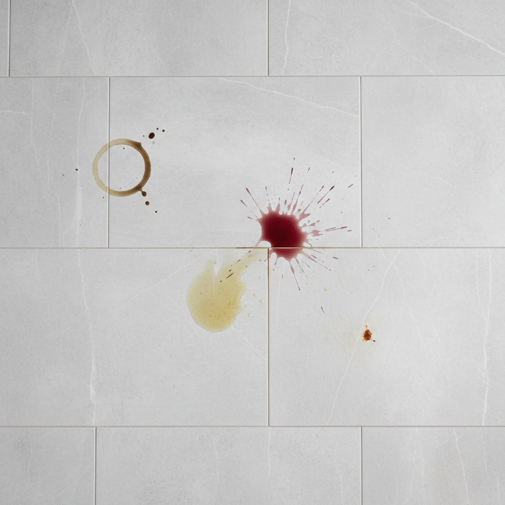 A professional, high-angle photo of a modern kitchen floor made of light grey porcelain stoneware tiles. Several distinct, common household stains are clearly visible on different tiles: a dark brown coffee ring, a vivid red wine splash, a shimmering grease spot, and a small, reddish-orange rust mark. The scene is static, focusing purely on the visual representation of the different types of stubborn stains mentioned in the article. The lighting is bright and even, highlighting the contrast between the clean tile and the unsightly blemishes, conveying a sense of frustration these stains might cause.
