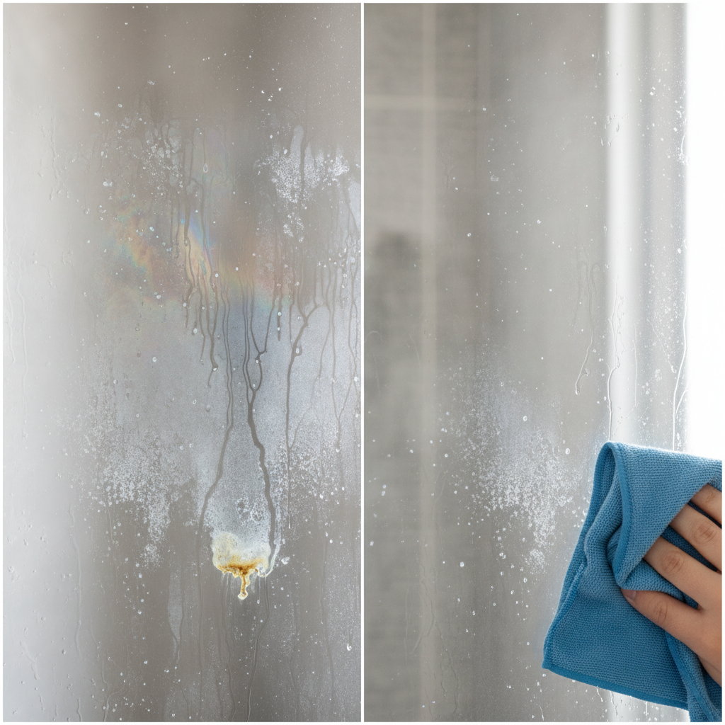 A split-screen or 'before and after' style image focusing on a common glass surface. On the 'before' side, a section of a shower glass door or a kitchen window is visibly marred with a variety of common, tough stains: cloudy water spots, greasy streaks, and perhaps a faint, burnt-on residue mark. The lighting should highlight the dullness and dirt. On the 'after' side, the same glass section is completely pristine, gleaming, and reflecting light beautifully, appearing 'blitzblank'. A generic cleaning cloth or sponge is subtly visible, suggesting the cleaning process. Professional photo style, bright and clean aesthetics.