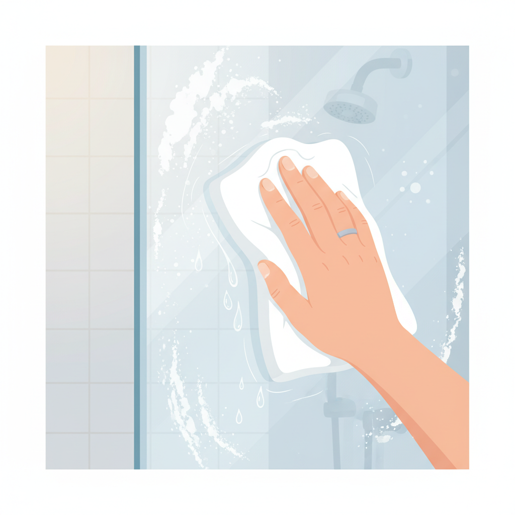 A close-up, elevated view of a hand in a clean, domestic setting, actively cleaning a visibly lime-scaled glass shower door or a kitchen ceramic hob. The hand holds a soft, damp cloth, having just applied or currently applying a clear liquid solution (representing vinegar). Visible sections of the glass show a clear transition: heavily caked lime scale or dried food residue on one part, and a freshly wiped, sparkling clean area immediately next to it. The background is slightly blurred, emphasizing the cleaning action. Flat illustration style with soft, bright colors and clean lines, emphasizing clarity and effectiveness.