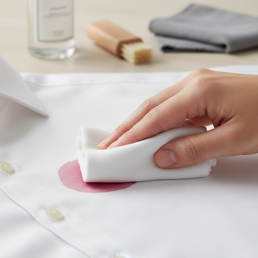 A professional close-up photograph showcasing a hand gently dabbing at a fresh, vibrant red wine stain on a pristine white cotton shirt. The hand uses a clean, absorbent white cloth, carefully blotting the spill rather than rubbing. In the softly blurred background, a few essential stain removal tools are subtly visible: a small, generic bottle of liquid, a soft brush, and a folded microfiber cloth, suggesting a ready arsenal for stain combat. The lighting is bright and even, highlighting the fabric's texture and the contrast of the stain against the clean material, conveying precision and quick action.