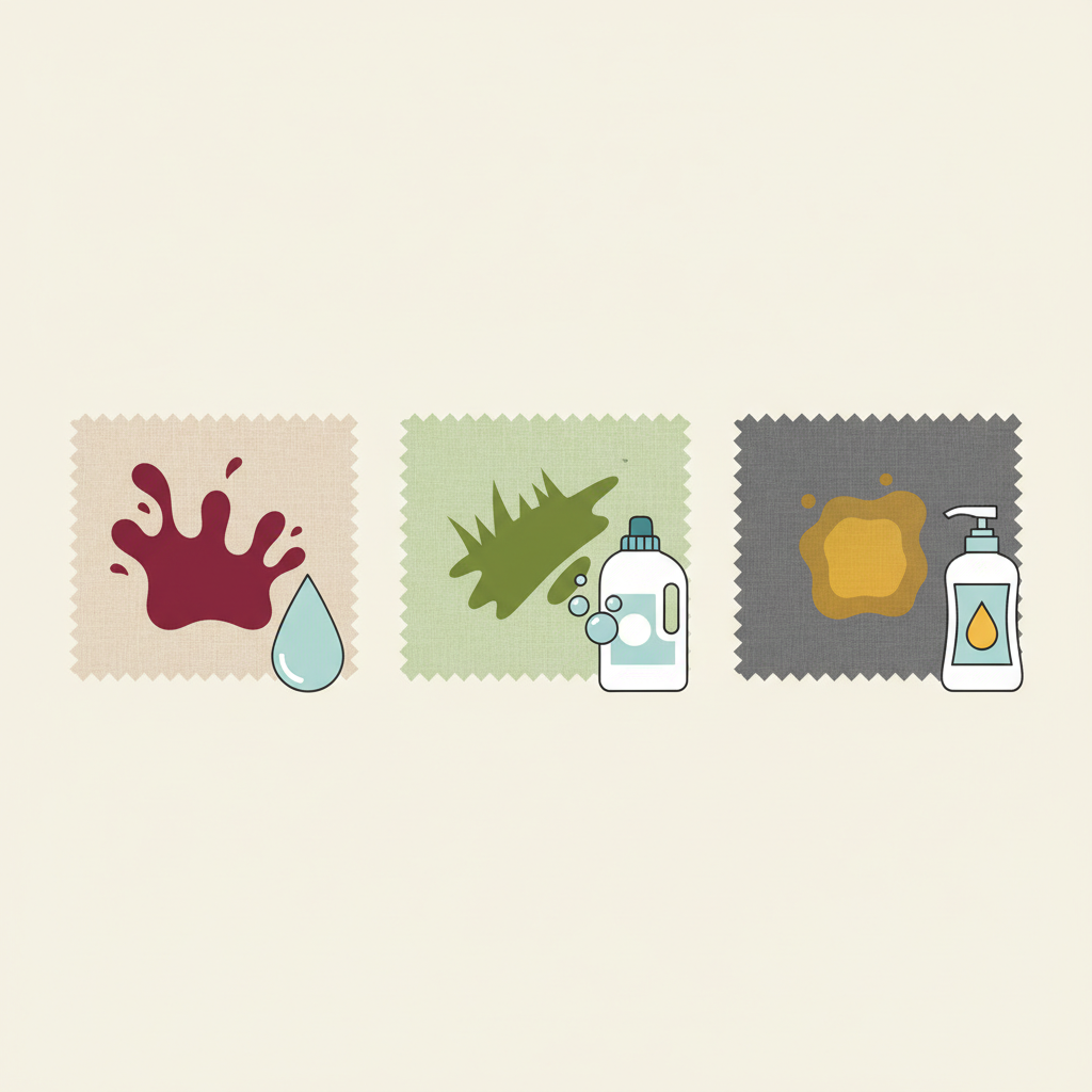 A clean and modern flat illustration depicting a visual guide to different types of stubborn stains and their basic treatment methods. The image features three distinct, stylized fabric patches, each showcasing a common stain like a red wine splash, a grassy smear, and an oily smudge. Adjacent to each stain, a simple, universally recognizable icon represents its initial treatment: for wine, a water droplet; for grass, a laundry detergent bottle; for oil, a dish soap dispenser. The color palette is fresh and contemporary, with clear separation between elements, emphasizing ease of understanding and effective problem-solving.