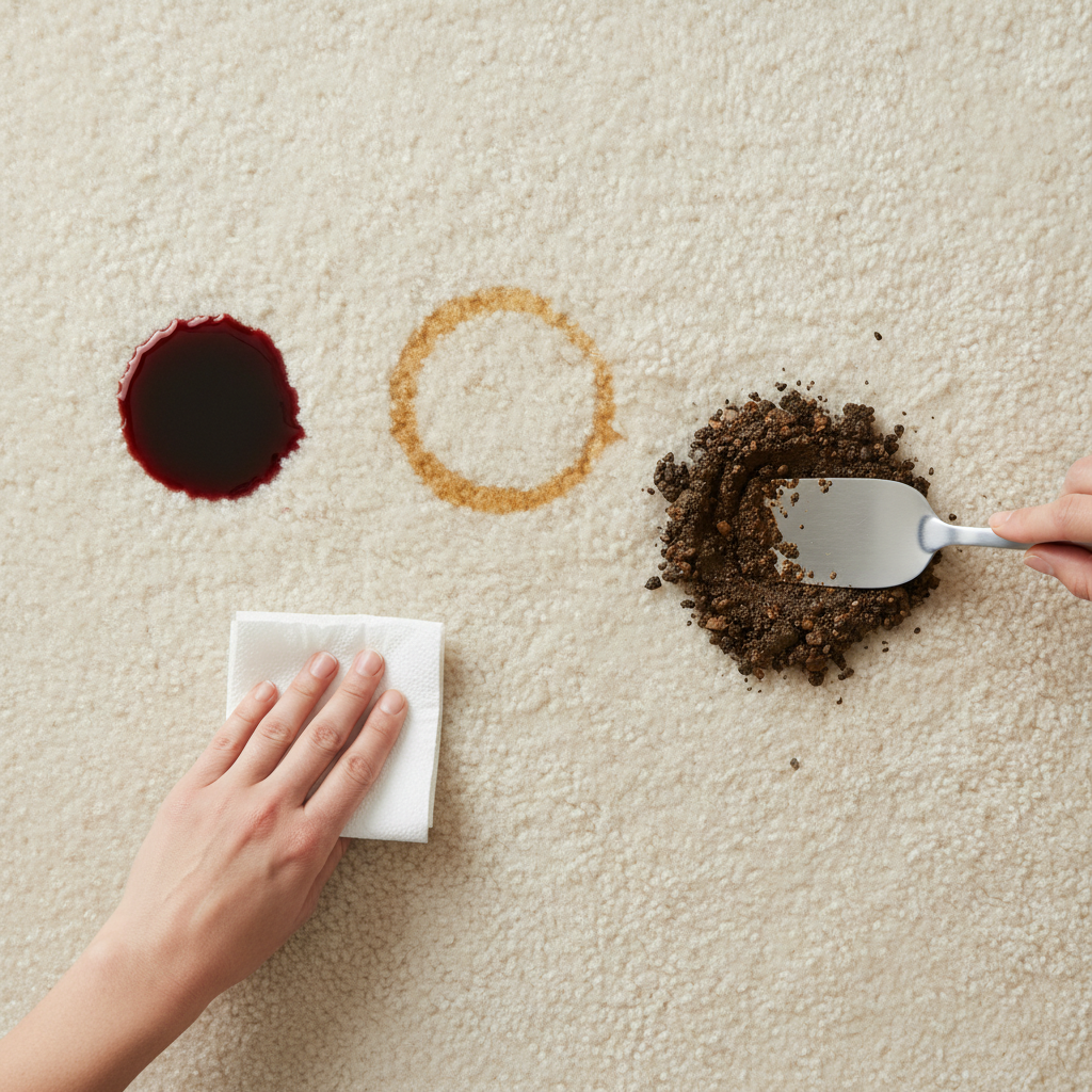 A close-up, top-down professional photo illustrating the immediate 'quick reaction' to common carpet stains. The scene features a light-colored, plush carpet with various fresh, small stains: a vibrant red wine splash, a dark coffee spill, and a small clump of wet mud. Hands are actively involved in the response: one hand gently dabs the liquid stains with a clean, white paper towel, while another hand uses a blunt spoon or spatula to carefully scrape solid mud particles from the edge inwards. The focus is on the dynamic action of preventing the stain from spreading and setting.
