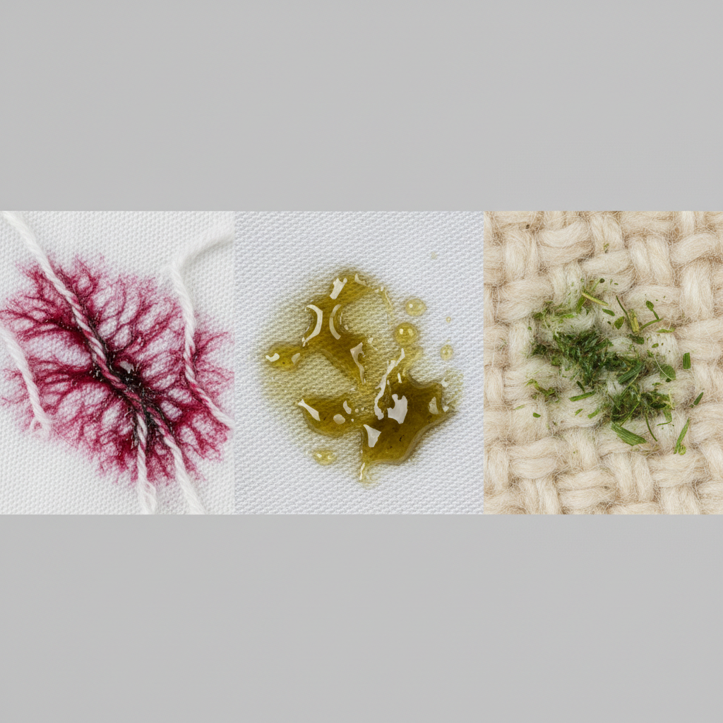 A macro photography style image showcasing different types of stubborn stains deeply embedded within various textile fibers. On one section, vibrant red wine pigments are visibly diffused into white cotton fibers. Another area displays a greasy oil stain clinging to synthetic fabric strands. A third segment illustrates green grass particles intertwined with wool fibers. The overall visual emphasizes the difficulty of removal, with stains appearing intricately meshed with the fabric's structure. The scene is clean, well-lit, and highlights the distinct characteristics of each stain type on a cellular level with a modern, clean aesthetic.