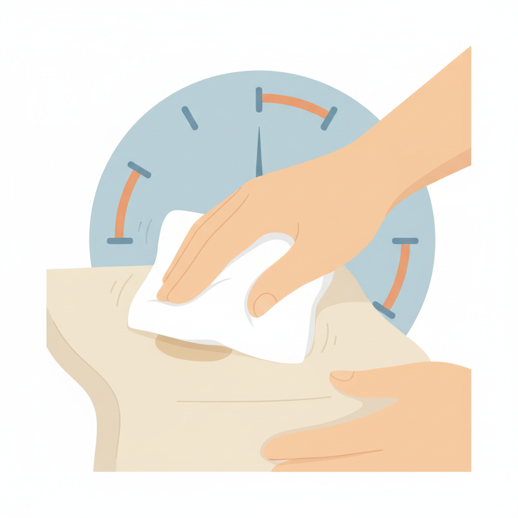 A clean, bright flat illustration depicting a pair of hands gently dabbing a fresh, small stain on a piece of light-colored clothing. One hand holds a clean white cloth or paper towel, carefully pressing it onto the stain in a downward motion, emphasizing a 'blot, don't rub' technique. The stain appears contained, not spreading. In the background, a subtly blurred clock face or a graphical element suggesting motion highlights the importance of quick action. The composition conveys a sense of immediate, careful intervention to treat a fresh spill.