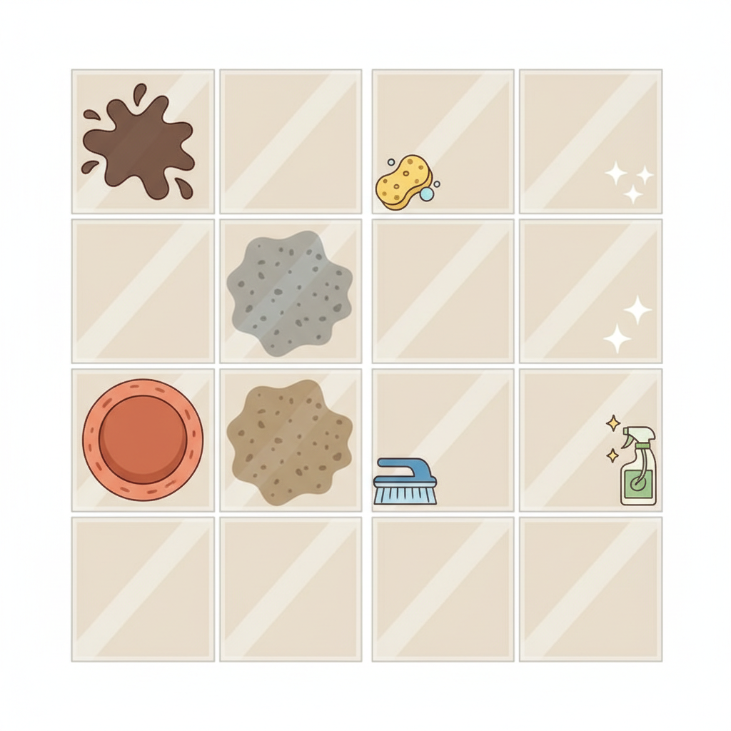 A top-down, clean flat illustration showcasing various common household stains on a grid of light-colored floor tiles. Depict distinct, yet stylized, grease splatters, a rust ring from a plant pot, and a general dirt patch. One section of the illustration could show a dirty tile, while an adjacent section shows the same type of tile sparkling clean, implying effective removal. Include small, subtle icons representing different cleaning tools like a sponge, a scrubbing brush, and a bottle of cleaner subtly hinting at the solution. The overall aesthetic should be modern, friendly, and visually highlight the problem and solution contrast.