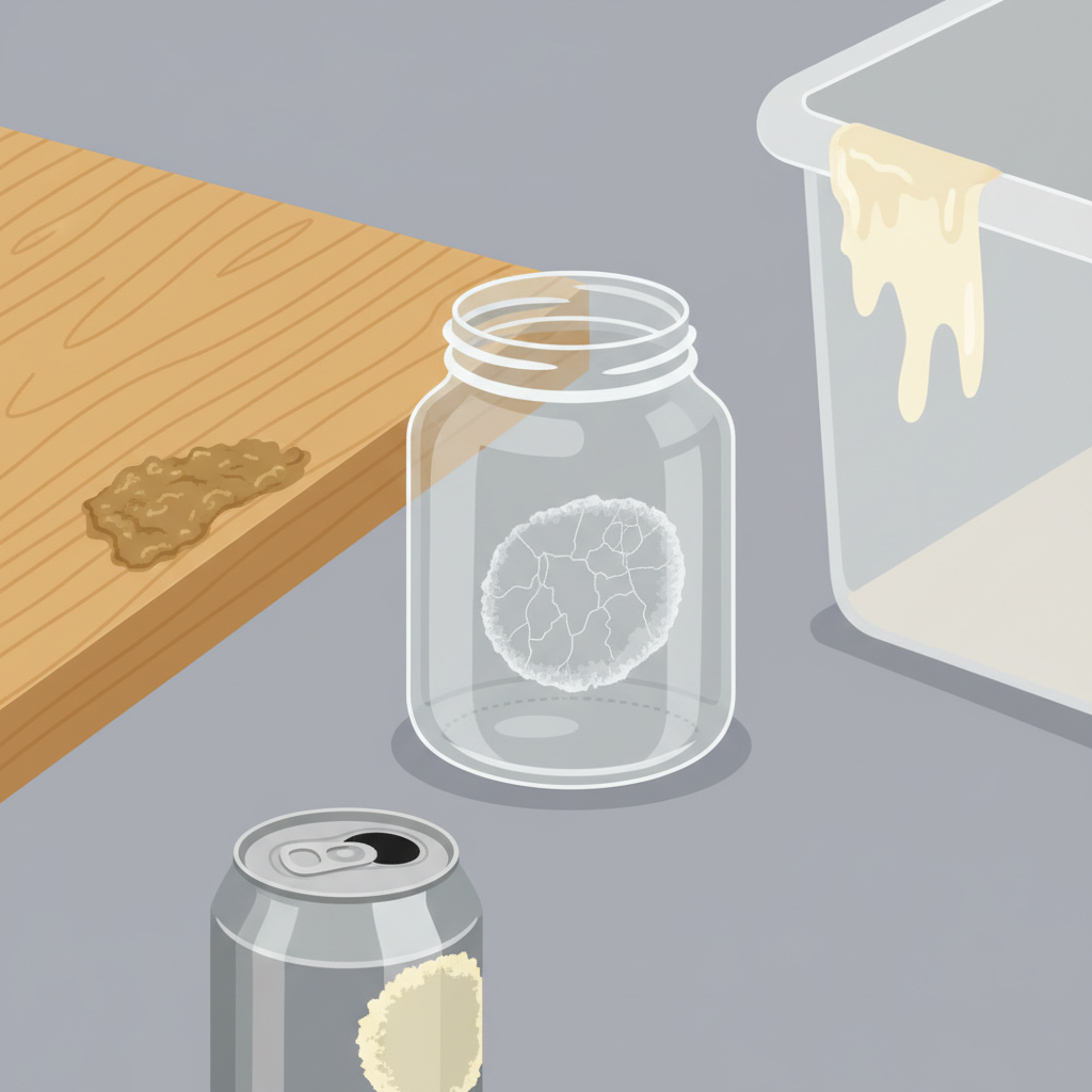 A close-up, high-angle flat illustration of various common household items plagued by stubborn, dried glue residue. On a smooth, neutral background, depict a clear glass jar with an old label mark, a section of a wooden surface (like a table edge) with a sticky patch, a plastic container with a gummy film, and a small metal object (e.g., a can) showing adhesive remnants. The glue residue should appear distinctly visible and annoying, contrasting with the otherwise clean surfaces. Emphasize the visual texture of the dried adhesive.