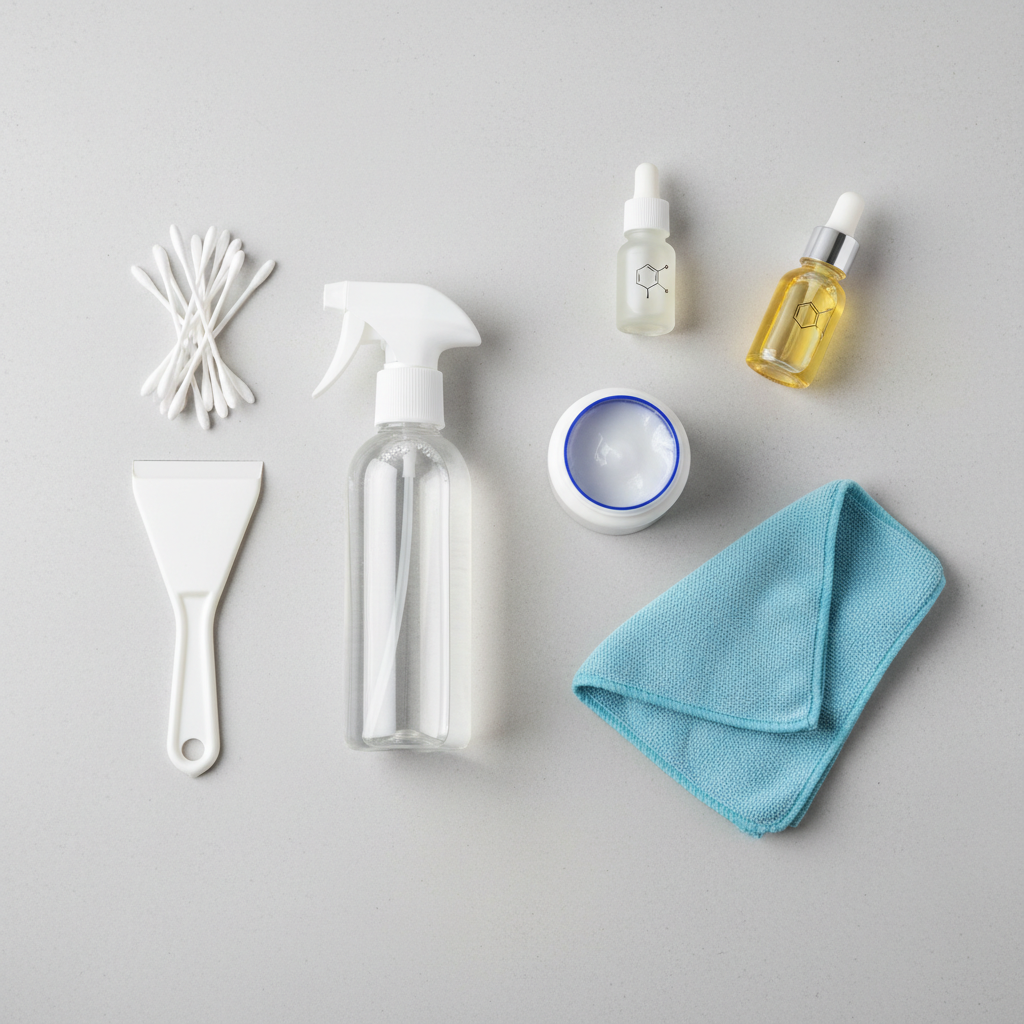 A professional photo composition displaying a collection of tools and substances commonly used for glue residue removal. Arrange items neatly on a clean, light-colored surface. Include a spray bottle of a general cleaner, a small container of a specialized adhesive remover, a soft cloth, a plastic scraper or spatula, a cotton swab, and a small bottle of rubbing alcohol or oil. The focus is on the variety of methods and the gentle approach, highlighting the diversity of solutions.