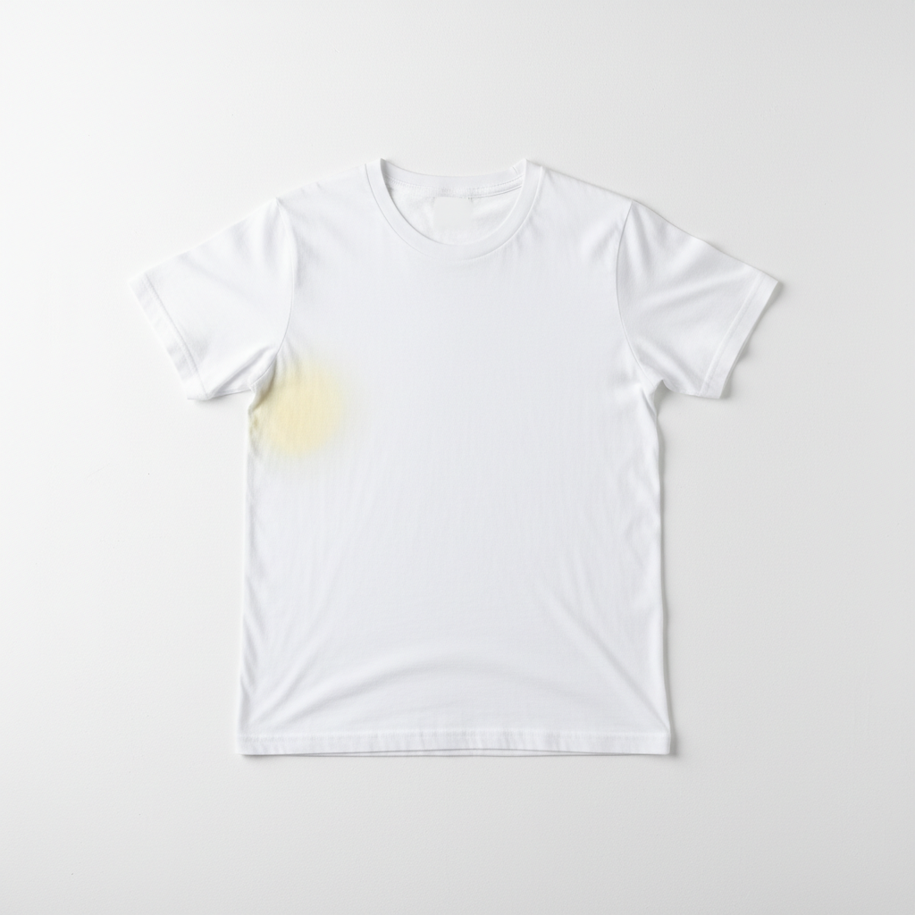A clean, professional photo featuring a white t-shirt. One armpit area of the t-shirt prominently displays a visible, light yellow sweat stain, subtly hinting at the common problem. The other armpit area is perfectly clean and pristine white, suggesting the successful removal of the stain. The background should be minimalist and bright, focusing attention on the garment and the contrast between the stained and clean areas. The overall impression should be one of freshness and effectiveness.