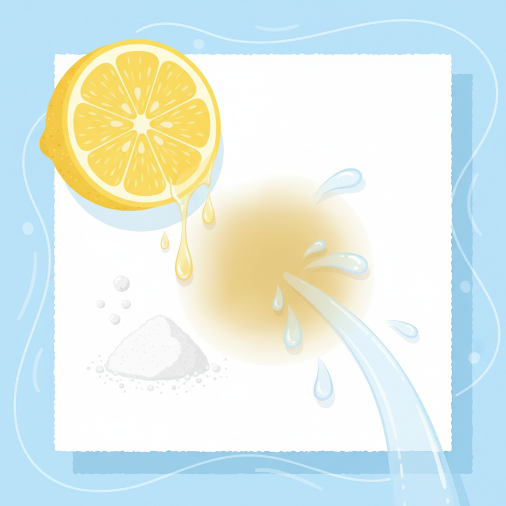 An illustrative scene depicting common household items actively working to remove sweat stains. In the center, a close-up of a fabric texture, with subtle yellow-brown discoloration representing a sweat stain. Around this stained fabric, several elements are arranged as if in action: a sliced lemon, a small heap of white powder (like baking soda or citric acid), and a few drops of liquid (like vinegar or lemon juice) visibly interacting with the stain. The style should be a bright, clean, and optimistic flat illustration with soft shadows, emphasizing natural remedies.