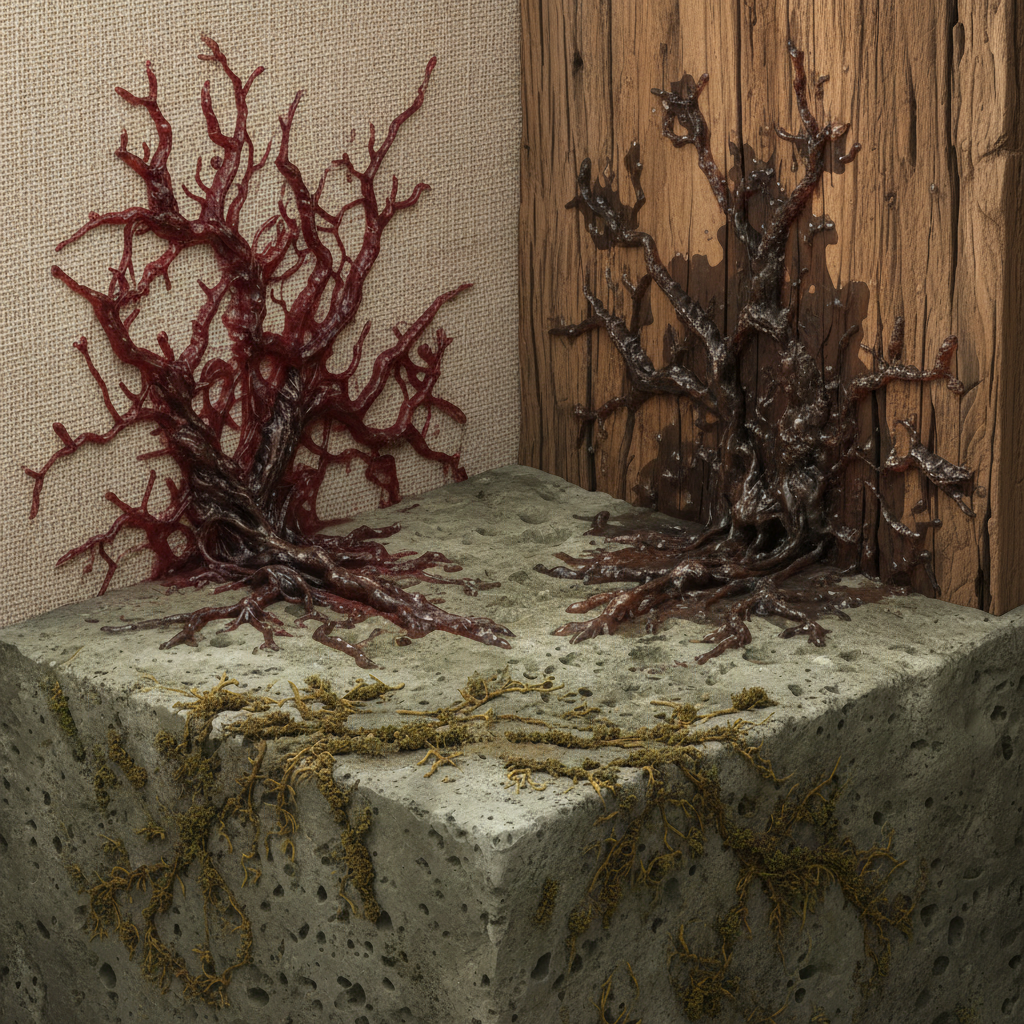 A stylized, close-up cutaway view illustrating various old, stubborn stains deeply embedded within different materials. Visualize a complex red wine stain interwoven into the fibers of a fabric swatch, a dark, oily stain soaked deep into the grain of a wooden plank, and a discolored moss stain visibly penetrated into a porous stone surface. The stains should appear firmly 'rooted' or fused with the material, showcasing their resistance to removal. Subtle visual cues emphasize their enduring nature, portraying them as formidable challenges. Detailed, realistic digital illustration with rich textures and a sense of depth, under soft, natural lighting.