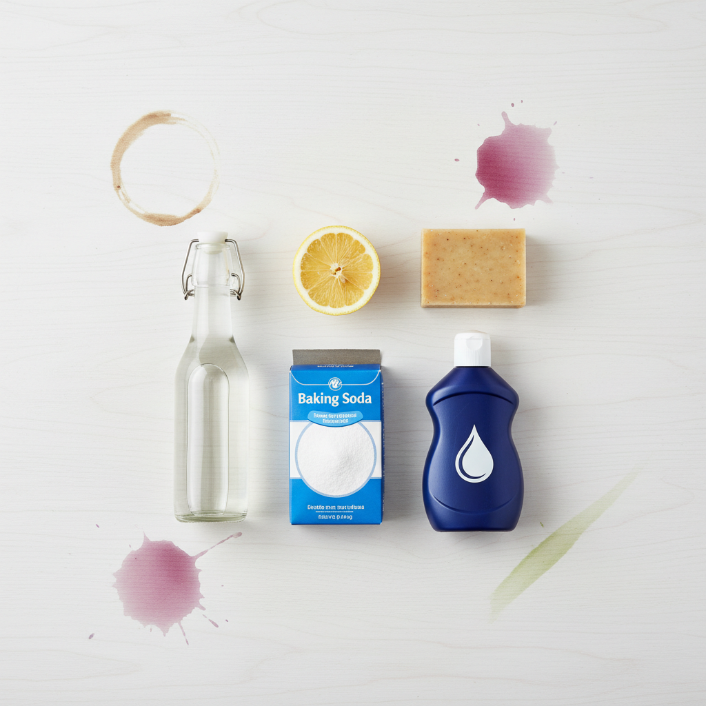 A bright, clean flat lay composition showcasing an organized array of various household remedies and specialized tools for stain removal. Include a bottle of white vinegar, a cut lemon, a box of baking soda, a bar of gall soap, and a distinctly shaped generic bottle representing a specialized cleaner. These items are neatly arranged on a pristine light surface, surrounded by subtle, abstract representations of different stain types, such as a blurred coffee ring or a faint red wine spill, indicating their target. The scene conveys a sense of preparedness and efficacy. Professional photo quality with bright, even lighting and a crisp focus.