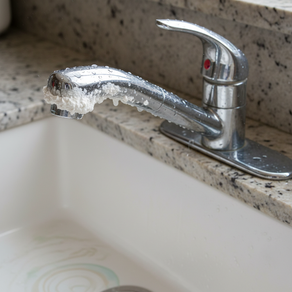 A professional, close-up photograph or hyper-realistic digital painting of a modern chrome kitchen faucet heavily coated with visible, thick white limescale deposits, particularly around the spout and base where water typically collects. Water droplets are drying on the faucet and adjacent ceramic sink basin, leaving behind hard water stains and mineral rings. The image should clearly convey the aesthetic impact and stubborn nature of limescale, with a focus on texture and detail. The background should be slightly blurred to emphasize the faucet.