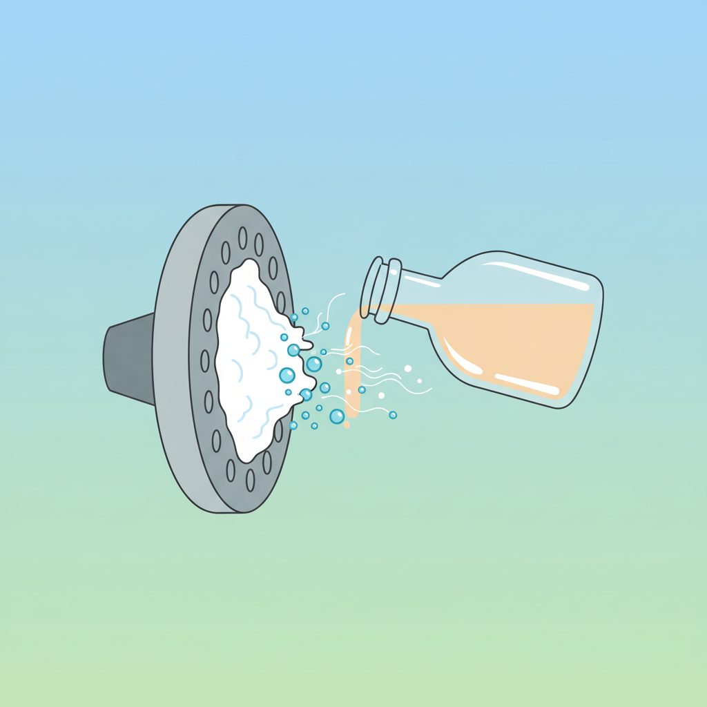 A clear and vibrant flat illustration demonstrating the dissolving action of vinegar on limescale. On the left, a stylized cross-section of a water pipe or a generic showerhead nozzle is obstructed by solid, white mineral buildup. On the right, a simple, generic glass bottle (without any branding or text) containing a light amber liquid (representing vinegar) is shown actively pouring its contents onto the limescale. The point of contact visually depicts the limescale breaking down and disappearing, leaving the pipe or nozzle clean and clear. The style should be clean and conceptual.