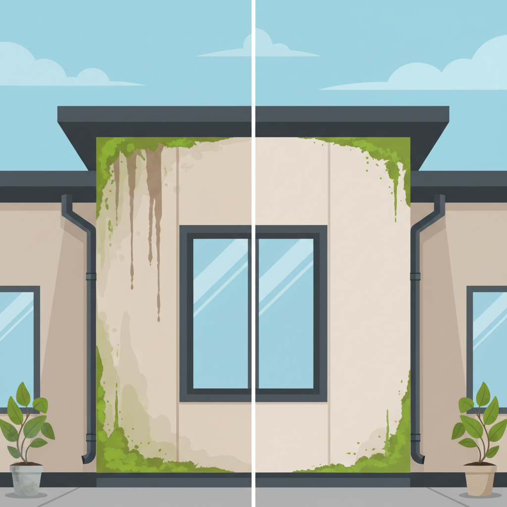 A modern, clean flat illustration featuring a vertical split-screen or 'before-and-after' visual of a house facade. The left side depicts a section of a home's exterior wall heavily covered in green algae, dark streaks of dirt, and patches of moss, looking weathered and neglected. The right side shows the exact same section of the facade, now impeccably clean, bright, and vibrant, showcasing its original color and texture, emphasizing the significant transformation and restoration.