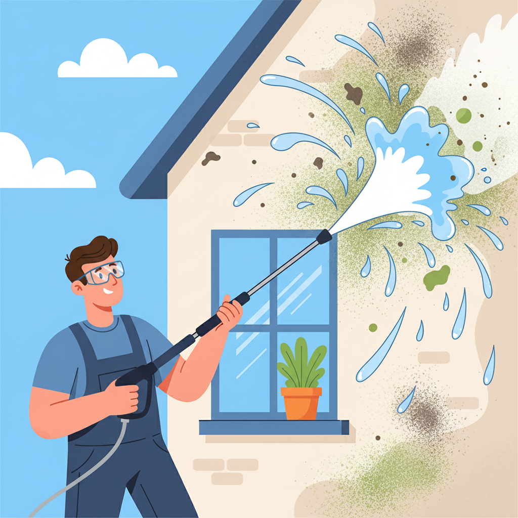 A vibrant, action-oriented flat illustration depicting a person, seen from a medium distance, diligently cleaning a house facade using a pressure washer. A powerful stream of water is actively removing visible dirt, green algae, and moss from the wall surface, creating a clear contrast between the cleaned, brighter area and the still-dirty sections. Splashes of water and dislodged grime are depicted to convey the dynamic cleaning process.