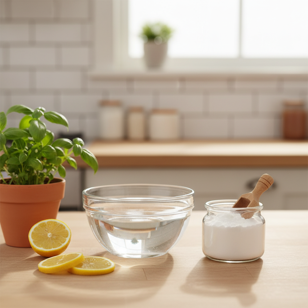 A bright, airy kitchen scene featuring natural odor neutralizers. On a light wooden countertop, an elegant glass bowl contains white vinegar, positioned near a small, open jar of baking soda with a wooden scoop. Fresh green herbs in a small pot and a few lemon slices are subtly placed, enhancing the natural freshness. The setting conveys cleanliness and warmth, emphasizing simple, effective household ingredients for a naturally pleasant home environment. Style: Professional, clean product photography with soft focus and natural lighting, suitable for a lifestyle blog.