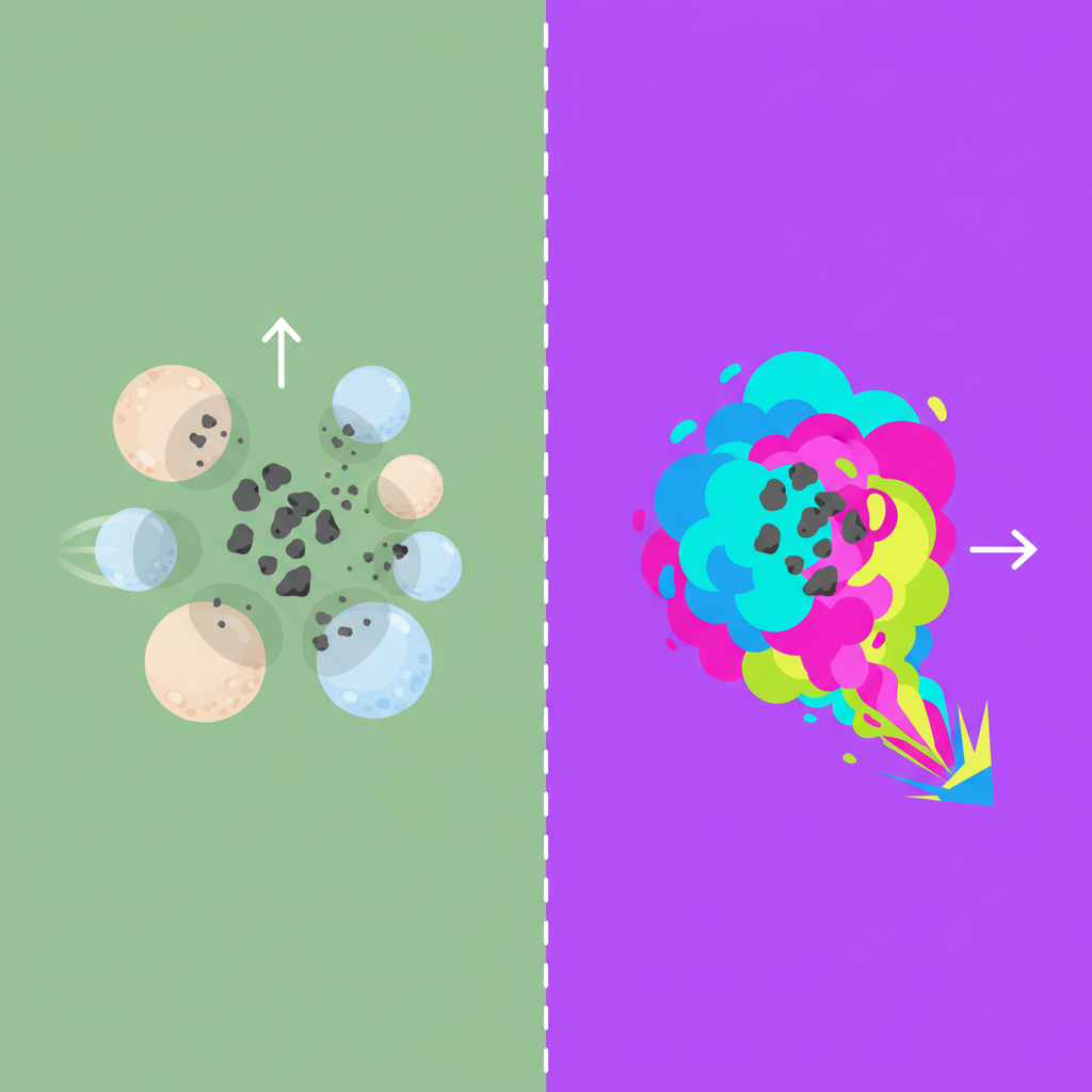 A conceptual infographic illustration contrasting natural odor neutralization with chemical odor masking. On the left, stylized grey 'odor molecules' (small, irregular shapes) are being surrounded and absorbed by friendly, larger spheres representing natural ingredients like baking soda. On the right, the same grey odor molecules are being merely covered by a colorful, opaque 'mist' emanating from an unseen artificial source. The visual clearly differentiates true elimination from temporary masking. Style: Modern, clean flat illustration with a clear side-by-side comparison and a vibrant yet distinct color palette.