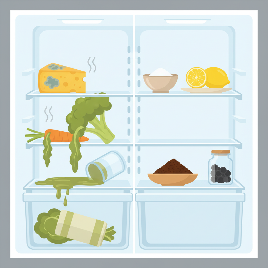 A detailed flat illustration depicting a modern refrigerator interior. On the left side, a section with subtly spoiled items like a slightly moldy piece of cheese, a wilted vegetable, and a spilled, forgotten liquid, subtly emitting faint grey, wavy 'odor' lines. On the right side, the same refrigerator section is sparkling clean and organized, featuring small open containers of natural odor absorbers like a bowl of baking soda, fresh lemon halves, and a small dish of coffee grounds. The overall scene conveys a clear transition from unpleasant odors to natural freshness and cleanliness, using bright, hygienic colors.