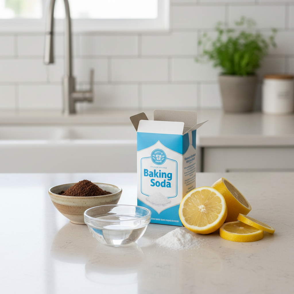 A professional, well-lit still life photograph of various natural household items known for combating odors, arranged on a clean, light-colored kitchen counter. The composition should include a small open box of baking soda, several fresh lemon slices and a half lemon, a small ceramic bowl filled with fresh coffee grounds, and a clear glass bowl containing white vinegar. A subtle, clean, and inviting aesthetic should prevail, with a hint of a clean, minimalist kitchen environment in the soft-focus background, suggesting natural solutions for a fresh home.