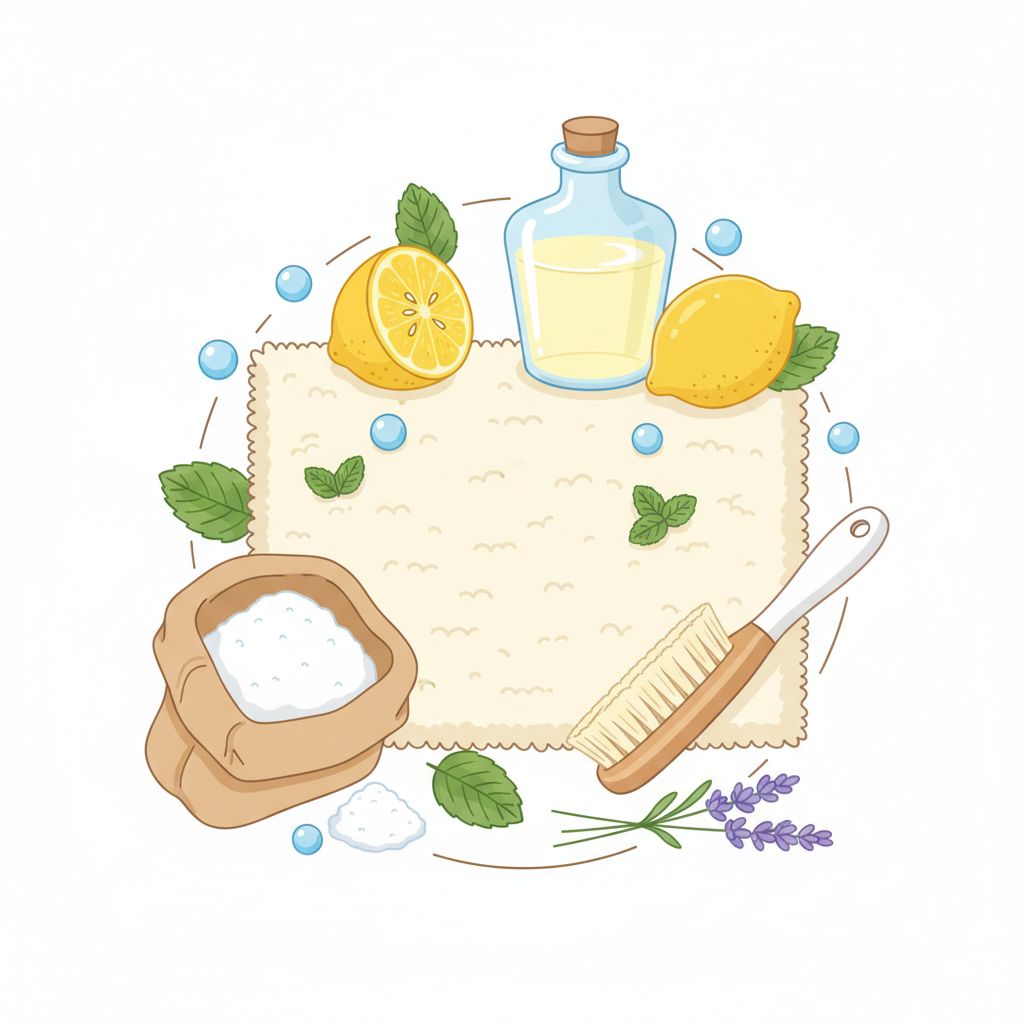 A vibrant flat illustration depicting various common household cleaning items artfully arranged around a pristine, plush carpet swatch. Elements like a small, open bag of baking soda, a clear bottle of white vinegar, a sliced lemon, and a soft-bristled cleaning brush are visually prominent. The items should be presented in a clean, inviting manner, symbolizing natural and gentle effectiveness. The overall color palette is bright and fresh, with warm undertones, emphasizing a healthy, eco-friendly approach to carpet care. The scene should exude cleanliness and simplicity.