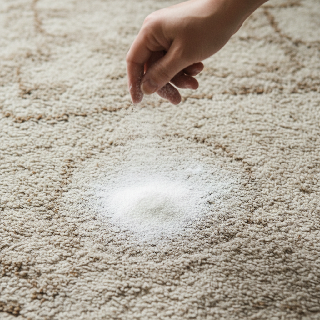 A high-angle, slightly stylized photograph capturing the application of a household remedy on a carpet. A fine, white powdery substance (representing baking soda or Natron) is visibly and evenly sprinkled over a small, slightly discolored or odorous area of a woven carpet. A hand, gently out of focus, might be seen just having completed the sprinkling motion. The texture of the carpet fibers is clearly visible, and the overall lighting is soft and natural, suggesting a gentle yet effective cleaning process. The image conveys practical steps for effective spot treatment.