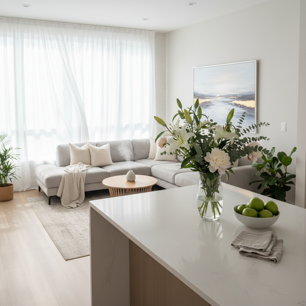 A bright and inviting professional photo from a slightly elevated perspective, showcasing a beautifully refreshed and clean home environment. The scene could be a modern living room or kitchen, bathed in warm natural light filtering through a window, perhaps with sheer curtains gently swaying. A vase of fresh, elegant flowers sits on a clean table. The air appears visibly clear and sparkling, evoking a sense of calm, purity, and well-being. The image should convey the feeling of a home free from unpleasant odors, transformed into a comfortable and serene sanctuary.