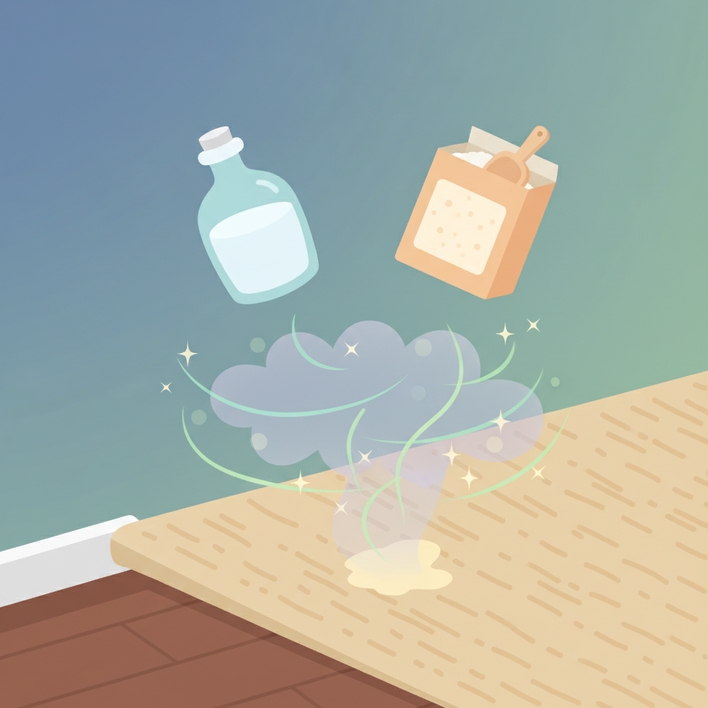 A vibrant, flat illustration depicting a common household floor (e.g., hardwood or carpet corner) with a subtle, abstract representation of cat urine odor rising from a small, dry spot. Above this, stylized icons of a bottle of white vinegar and a box of baking soda are shown, with gentle, swirling lines emanating from them, visually neutralizing or absorbing the odor. The overall scene should convey natural remediation and cleanliness, using a soft, inviting color palette. No text or labels.