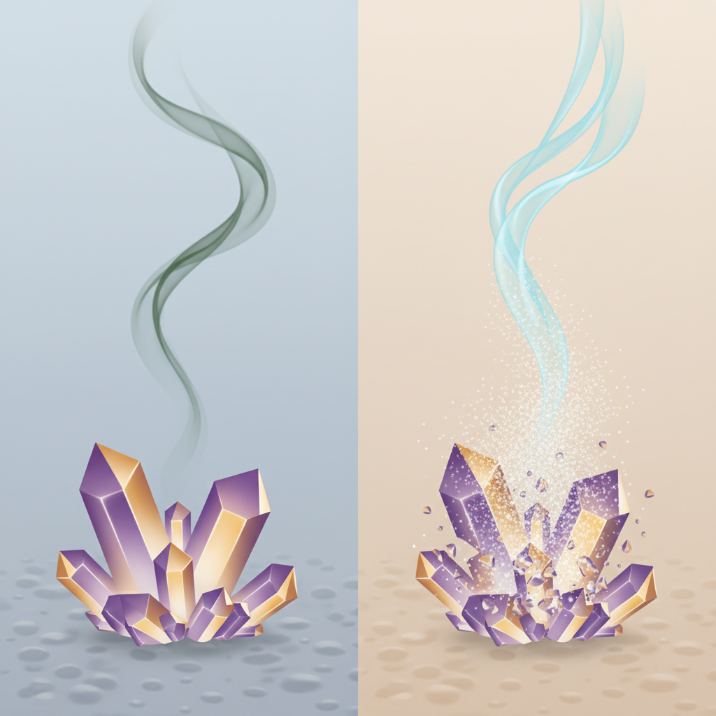 A conceptual infographic-style illustration. The left side shows a magnified, abstract representation of dried cat urine on a surface, depicted as tiny, angular, slightly glowing purple or yellow crystals (representing uric acid) with faint, wispy, dark green 'odor' tendrils emanating upwards. The right side shows these crystals dissolving or breaking apart as a symbolic splash of liquid (representing vinegar) or sprinkle of powder (representing baking soda) interacts with them, transforming the 'odor' tendrils into clean, fresh air wisps. Use a clean, modern aesthetic.