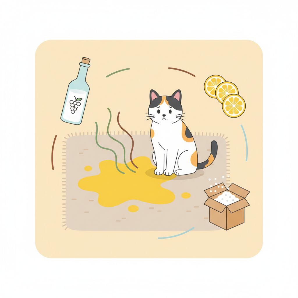 A clean, modern flat illustration depicting a common household scene. A domestic short-haired cat, with a slightly remorseful or confused expression, sits near a visible, abstract yellow puddle representing a urine stain on a light-colored rug or floor. Subtle wavy lines or swirling patterns in muted greens and browns emanate from the stain, symbolizing unpleasant odor. Surrounding the affected area, small, stylized representations of natural cleaning agents are artfully arranged: a bottle of white vinegar, an open box of baking soda, and a few lemon slices. The overall composition suggests the problem of cat urine and the eco-friendly remedies available.