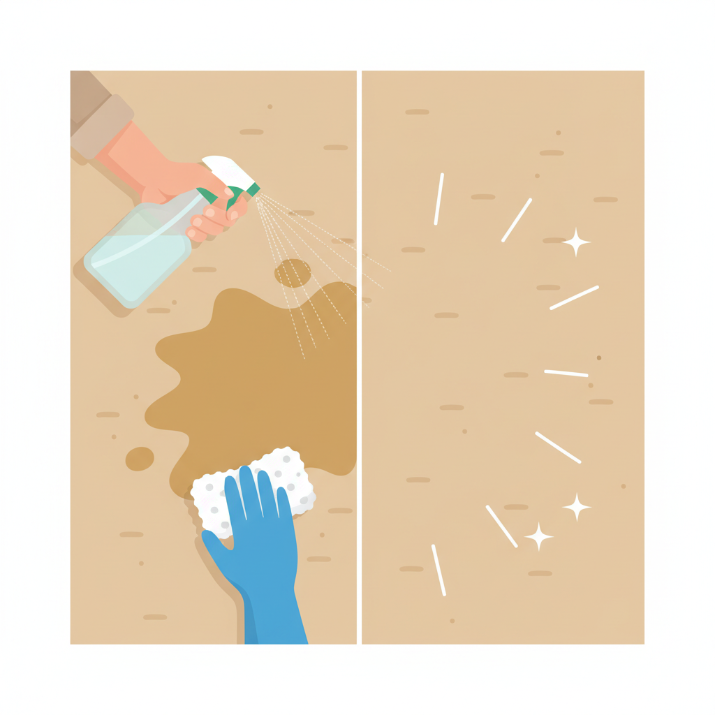 An infographic-style illustration demonstrating the use of a natural cleaning agent on a stubborn cat urine stain. The central focus is a section of a beige carpet or upholstery. On one side, a dark, noticeable urine stain is visible. An arm holding a spray bottle containing a clear liquid (representing vinegar solution) is shown applying the liquid directly to the stain. Next to it, a clean cloth or sponge is depicted dabbing the area. The other side of the illustration shows the same carpet section, now visibly clean and fresh, with subtle sparkling effects or a light, airy feel, suggesting odor neutralization. The overall impression is effective, natural cleaning.