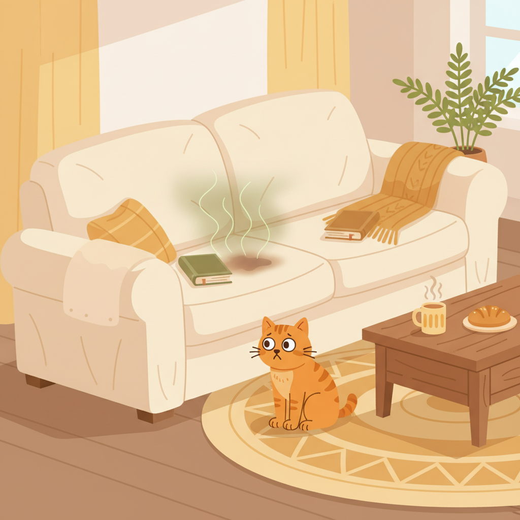 A cozy living room scene with a comfortable, light-colored sofa. A fluffy house cat, perhaps a tabby or ginger, sits somewhat uncomfortably on the armrest or floor nearby, looking a bit distressed or concerned. A subtle, transparent, wavy aura emanates from a small, slightly darker patch on the sofa cushion, visually representing an unpleasant odor and stain. The overall mood conveys the common dilemma of cat owners. Flat illustration, warm and inviting color palette with soft lines.