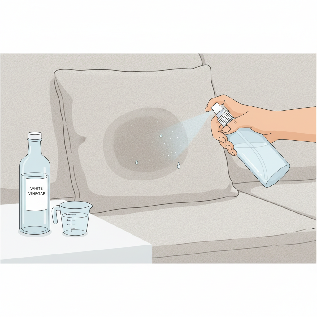 A close-up view of a textured sofa cushion, showing a slightly damp spot. A human hand, reaching in from the side, holds a spray bottle applying a clear liquid solution to the affected area. Nearby on a clean surface, a clear glass bottle of white vinegar and a small measuring cup are visible, subtly suggesting the cleaning ingredients. The focus is on the act of cleaning and neutralization. Clean, bright flat illustration with clear, instructional visual elements.