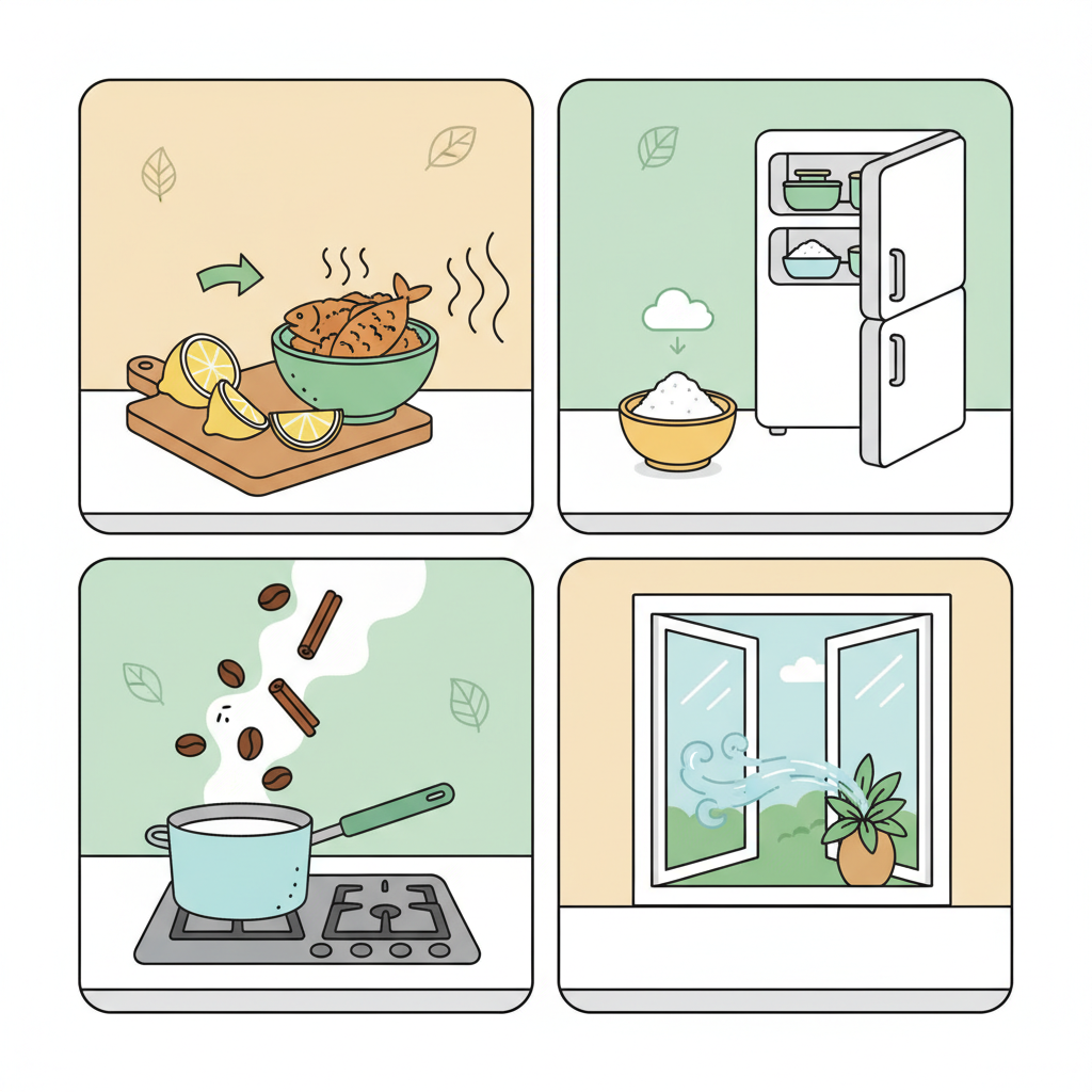 A cheerful, professional infographic-style illustration showcasing various natural home remedies for kitchen odors. The image features a clean kitchen counter with distinct vignettes. One scene shows fresh lemon slices placed near strong-smelling food. Another highlights a small open container of baking soda near a refrigerator. A simmering pot on a stove emits fragrant steam, suggesting coffee grounds or spices. An open window in the background implies natural ventilation. The overall illustration should be visually appealing, using a fresh color palette and clean lines, clearly depicting multiple practical solutions for an odor-free kitchen.