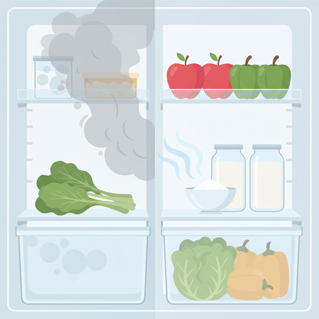 A professional, clean flat illustration with a soft color palette, depicting the interior of a modern refrigerator. The image is subtly divided: on one side, a faint, swirling, gray vapor cloud emanates from an indistinct container or slightly wilted food, symbolizing unpleasant odor. On the other side, the same refrigerator section appears fresh and bright, with vibrant, clean produce. A small, elegant open bowl containing a white powdery substance (representing baking soda) is visible on a shelf, emitting subtle, clean air waves that dissipate the gray cloud.