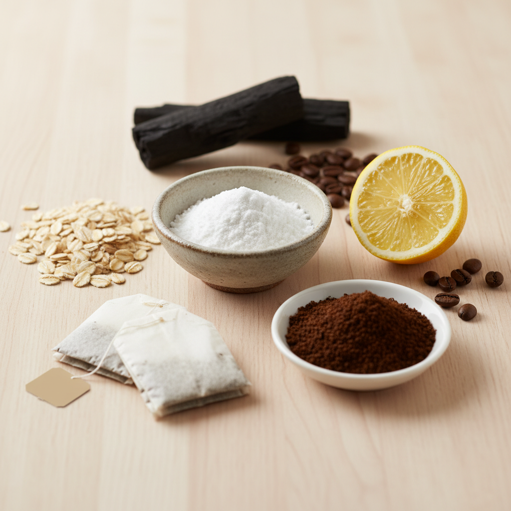 A high-key, bright still life photo with a shallow depth of field, showcasing a collection of common household odor-absorbing items. The arrangement includes a small, rustic ceramic bowl filled with white baking soda, a vibrant cut lemon slice, a few scattered whole coffee beans next to a small dish of ground coffee, a dark charcoal stick, a handful of rolled oats, and a couple of dried tea bags. These items are neatly arranged on a clean, light-colored wooden countertop, emphasizing natural textures and inviting aesthetics.