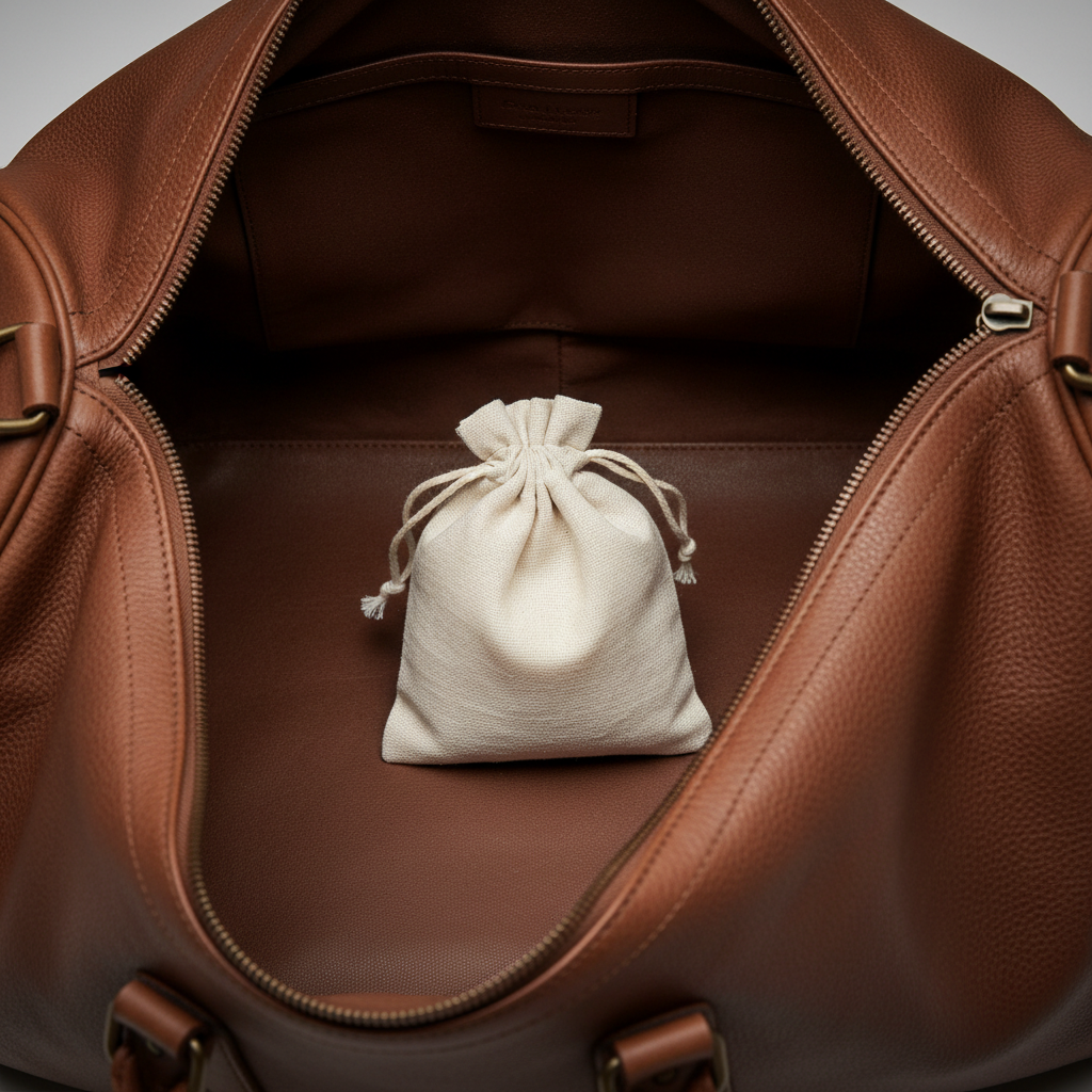 A professional, close-up studio photograph focusing on the interior of a luxurious dark brown leather duffel bag. Inside the bag, prominently positioned, is a small, off-white fabric sachet or pouch, slightly bulging to suggest it's filled with a substance like baking soda. The rich texture of the leather lining and the subtle weave of the fabric sachet are in sharp focus. Soft, even lighting highlights the details, creating a clean, practical visual demonstration of the odor absorption process in action.