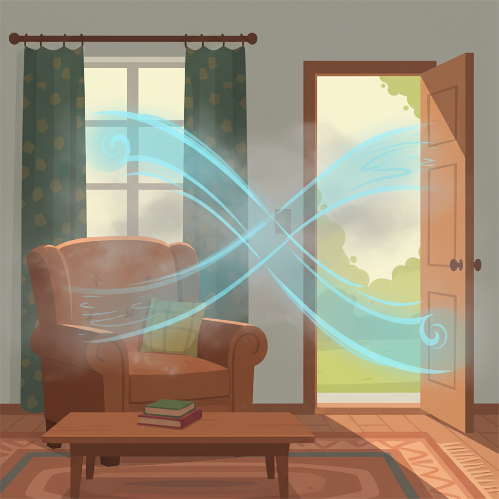 A cozy, slightly dingy living room interior. A plush sofa and curtains subtly emit a smoky, greyish haze that represents nicotine odor, clinging to the fabric. Through an open window and an open doorway on opposite sides of the room, crisp, clean air is visibly flowing in (represented by light blue, gentle swirls), pushing the grey haze out towards the exterior. The scene should emphasize the refreshing effect of strong cross-ventilation. Style: Detailed, clean flat illustration with a slightly muted color palette for the room and vibrant, clear colors for the air movement.
