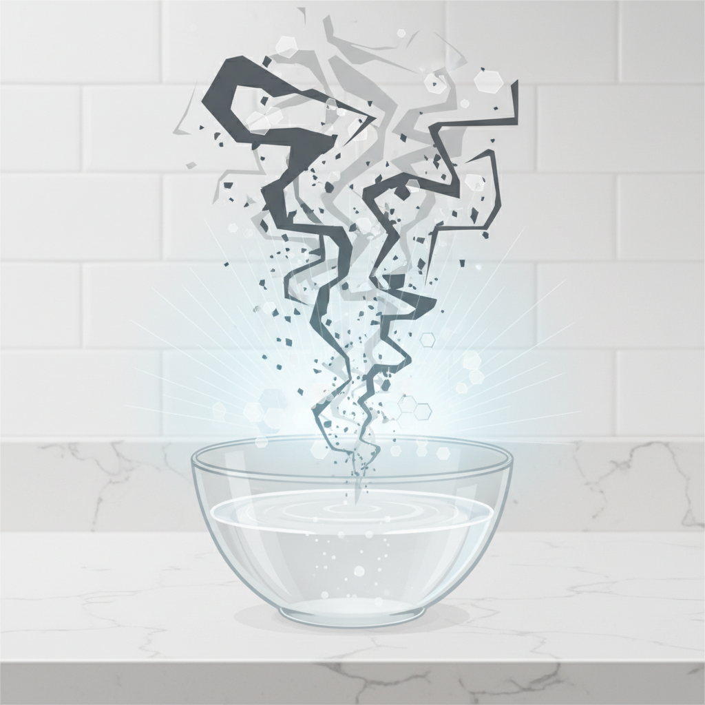 A close-up, stylized representation of vinegar effectively neutralizing odor molecules. In the foreground, a clear glass bowl filled with white vinegar is placed on a clean, minimalist kitchen counter. Above it, abstract, jagged grey 'smoke' particles (representing nicotine odor) are visually dissolving or breaking down as they come into contact with a subtle, clear 'aura' emanating from the vinegar. The overall impression is one of natural chemical reaction and cleanliness. Style: Modern infographic illustration with clear, crisp lines and a focus on visual metaphors for chemical processes.