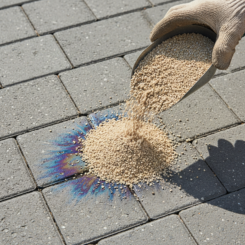 A close-up, eye-level shot of a section of grey interlocking paving stones on a sunny outdoor path. A fresh, dark, iridescent oil stain is distinctly visible on one of the stones, spreading slightly. A hand, wearing a simple, practical work glove, is carefully and generously pouring a pile of light-colored, granular cat litter directly onto the oil stain, almost completely covering it. The surrounding clean stones contrast with the stained area, conveying a sense of practical, immediate action. The style should be a realistic, professional photograph with sharp focus and natural lighting.