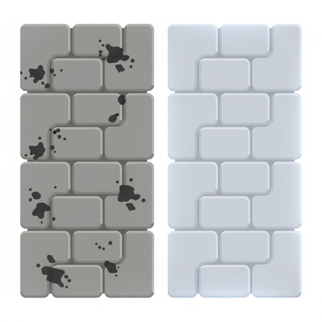A visual comparison, split into two distinct panels. The left panel shows a section of dull, oil-stained grey paving stones, with several dark, noticeable oil spots marring the surface, indicating the 'before' state. The right panel displays the exact same section of paving stones, but now completely clean, bright, and free of any oil stains, appearing fresh and well-maintained. A small, subtle glow emanates from the clean stones. The overall aesthetic should be a clear, modern flat illustration with a clean color palette, emphasizing the effective removal of the stains.