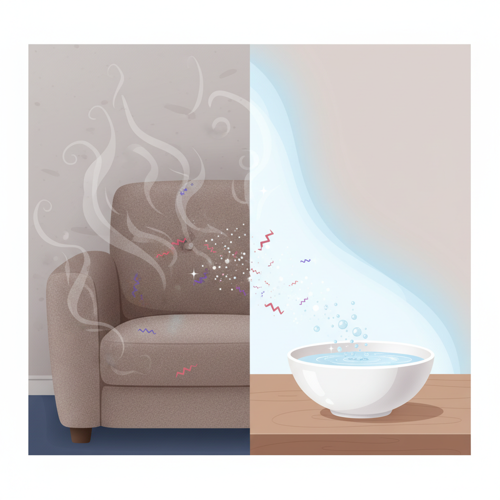 A dynamic, infographic-style illustration depicting the process of smoke odor removal. On one side, faint, swirling gray smoke particles are shown clinging stubbornly to a textured fabric sofa and a wall. Small, abstract 'odor molecules' appear embedded within the fabric. On the other side, a subtle, clean airflow or an abstract neutralizing aura emanates from a simple, elegant bowl containing a clear liquid (representing vinegar) or a white powder (representing baking soda). The smoke particles and odor molecules are visibly receding, dissolving, or being absorbed into this neutralizing field, leaving the air and surfaces looking fresh and clear. The overall impression should be of transformation from stale to clean.