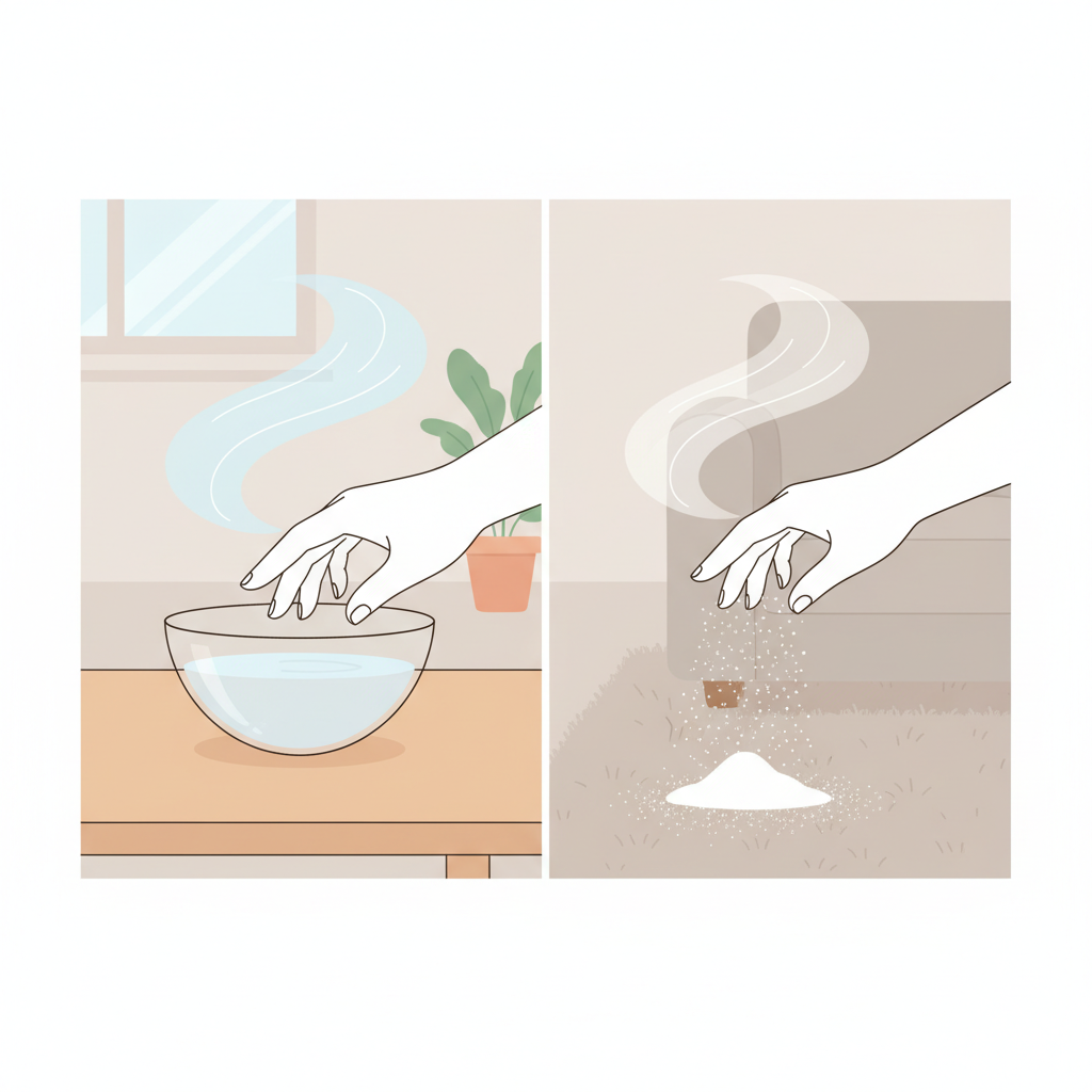 A clean, flat illustration showcasing two common household remedies for smoke odor. The image is conceptually divided into two distinct vertical sections. The left section features a minimalist depiction of a hand carefully placing a small, transparent bowl filled with a clear liquid (representing vinegar) onto a clean wooden surface in a room, with a subtle waft of freshness emanating. The right section displays a hand gently sprinkling a fine white powder (representing baking soda) over a plush, neutral-colored carpet or upholstery. Both sections convey a sense of gentle cleaning and restoration, emphasizing the simplicity and effectiveness of the remedies without any labels or words.
