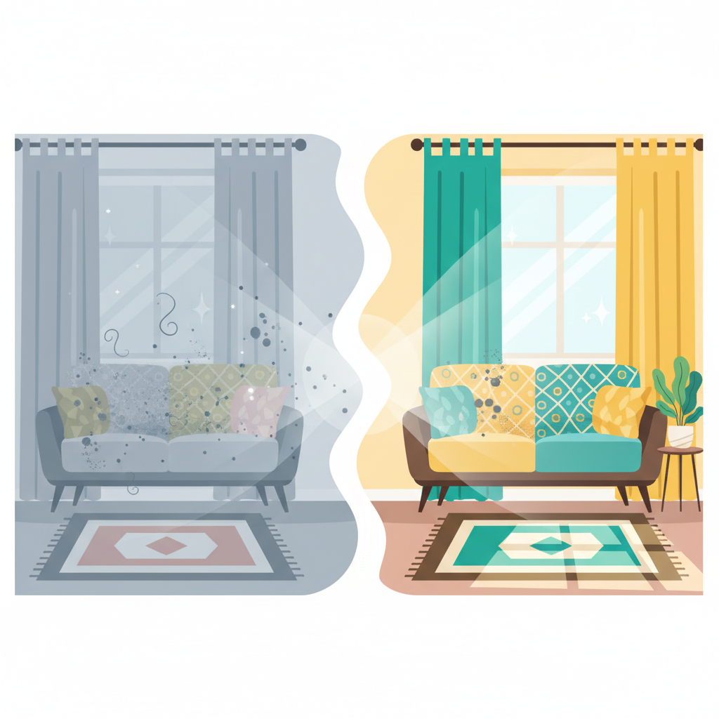 A stylized flat illustration of a cozy living room, half of which is subtly permeated by a faint, wispy smoke haze. Abstract, tiny dark particles representing smoke molecules cling visibly to the fabric of a sofa, curtains, and a rug. The other half of the room is bright and clear, symbolizing fresh air. There's a gentle transition between the smoky and fresh areas, visually representing the struggle against persistent odors. The colors should be muted where smoky, vibrant where fresh, conveying the contrast.