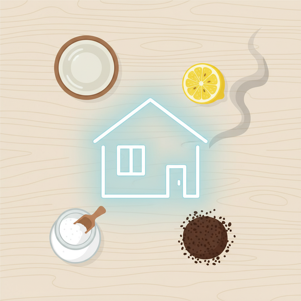 A vibrant, clean flat lay illustration on a light wooden table or counter. Featured prominently are common household items known for odor neutralization: a bowl of white vinegar, a small container of baking soda, a sliced lemon, and perhaps some coffee grounds. These natural remedies are arranged aesthetically around a small, empty, sparkling clean room outline or an abstract representation of a fresh home interior. A subtle, dissipating wisp of smoke is visible moving away from the fresh area, symbolizing the elimination of odors. The scene radiates natural effectiveness and cleanliness.